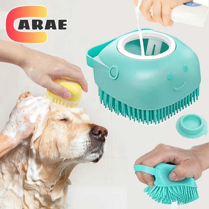 Professional Dog and Cat Bathing Brush with Shampoo Dispenser - Soft Silicone and Rubber Bristle Grooming Tool