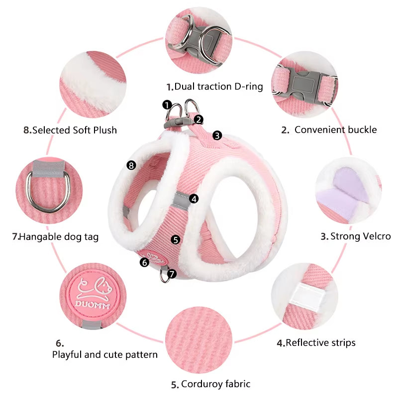 Autumn and Winter Warm Chihuahua Dog Harness with Fur, Pet Harness and Leash Set for Walking Dogs, Puppy Yorkies Mascotas Accessories