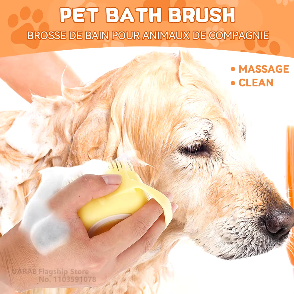 Professional Dog and Cat Bathing Brush with Shampoo Dispenser - Soft Silicone and Rubber Bristle Grooming Tool