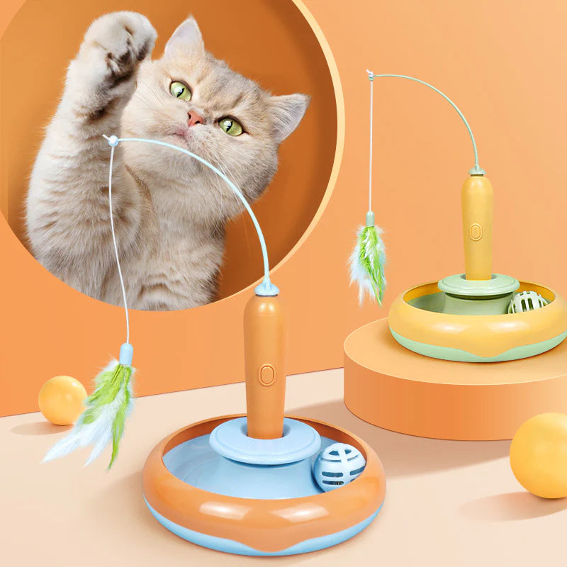 2-In-1 Cat Toy with Feather for Interactive Self-Play - Turntable Design for Cats