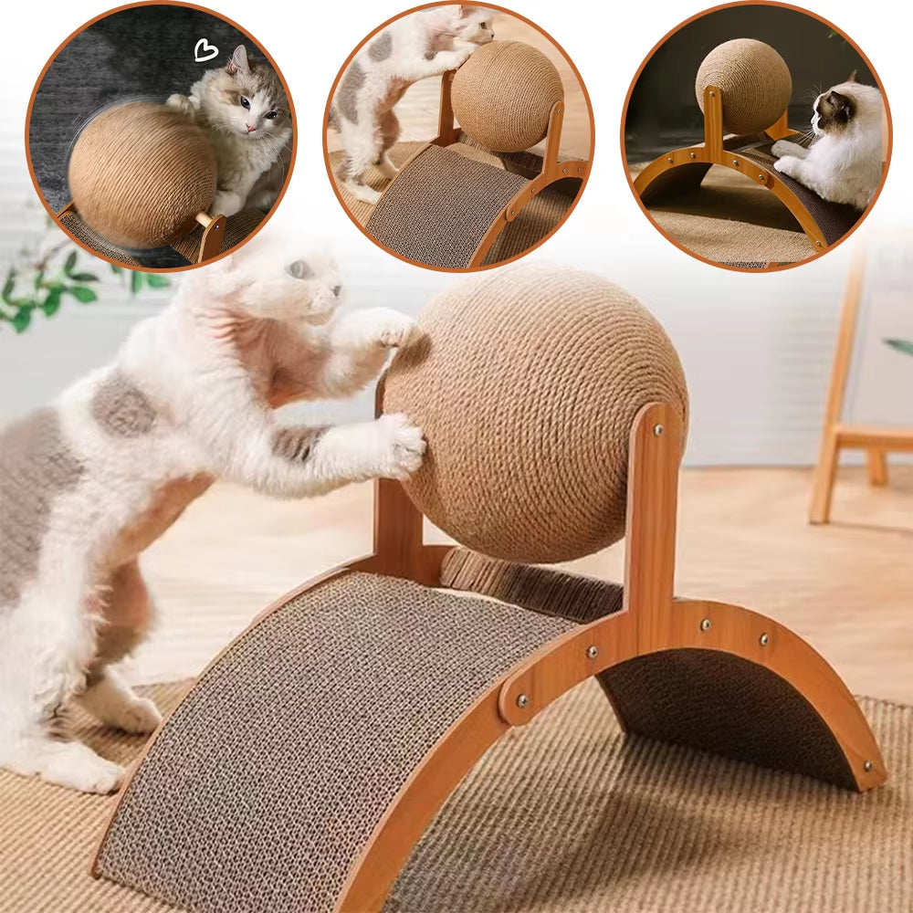 2-in-1 Cat Grinding Paw Toy: Wooden Scratching Ball and Sisal Scratch Board for Durable Cat Scratching