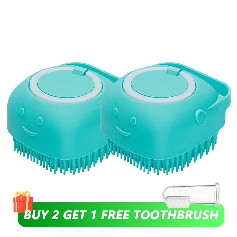 Professional Dog and Cat Bathing Brush with Shampoo Dispenser - Soft Silicone and Rubber Bristle Grooming Tool